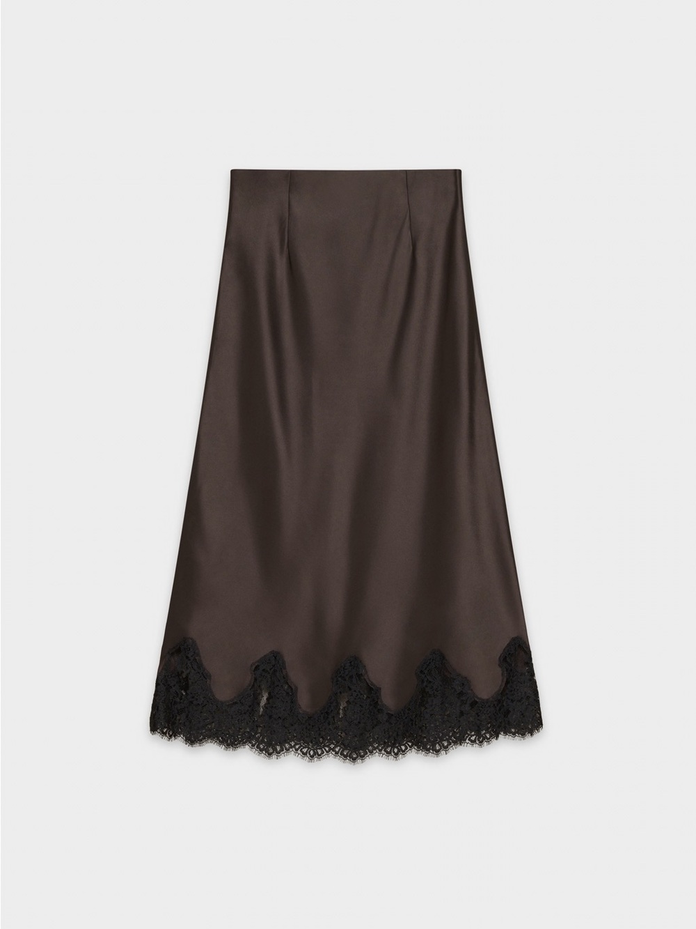 Aritzia Henrietta Satin Midi Skirt Brown with Black Lace Hem